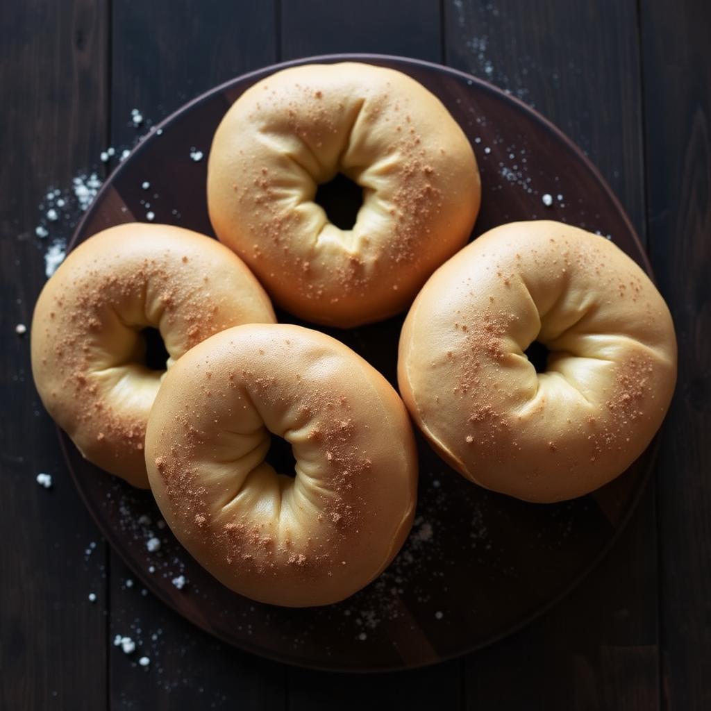 Handmade bagels arranged on a dark wooden board